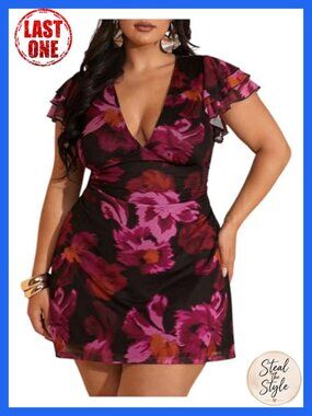 Floerns Women's Plus Size Floral Short Dress Ruffle Sleeve V Neck Bodycon Boho